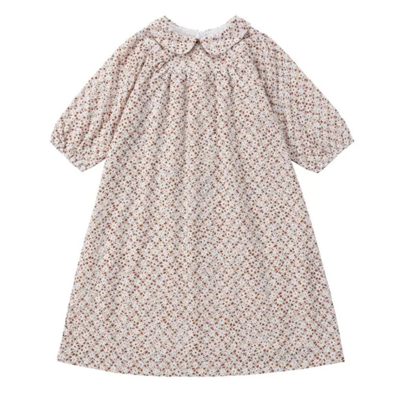 kids girls embroidery brown floral print summer cotton flare dress children girl fashion cotton lining 3/4 sleeve flower dresses