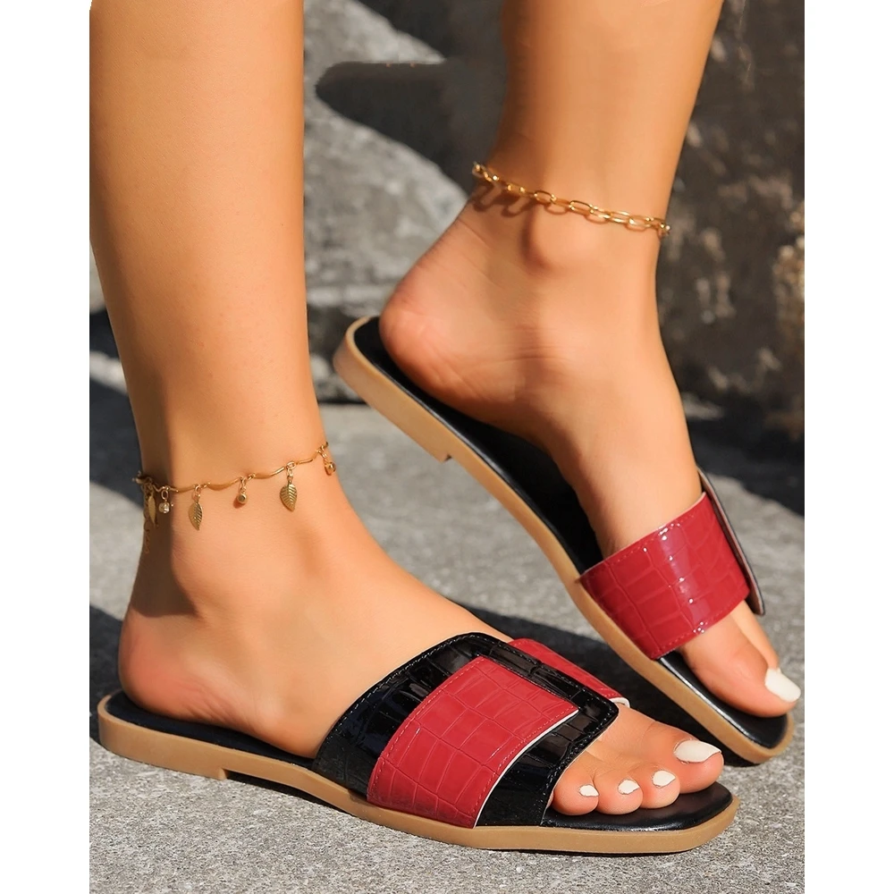 Summer Colorblock Stone Pattern Wide Strap Beach Slippers Women Casual Flats Outdoor Shoes Femme Going Out Peep Toe Summer Flats