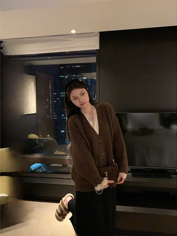 

FANCHOU женский вязаный открытый кардиган, мягкий уютный осенне-зимний модный кардиган V-Ne Long Sve Color, корейская версия