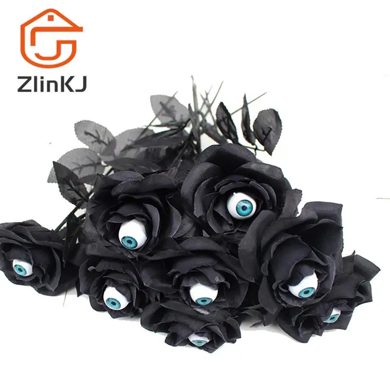 1pc 41cm preto falso flor cosplay acessórios de fantasia horror flor rosa artificial flor com globo ocular fontes do dia das bruxas