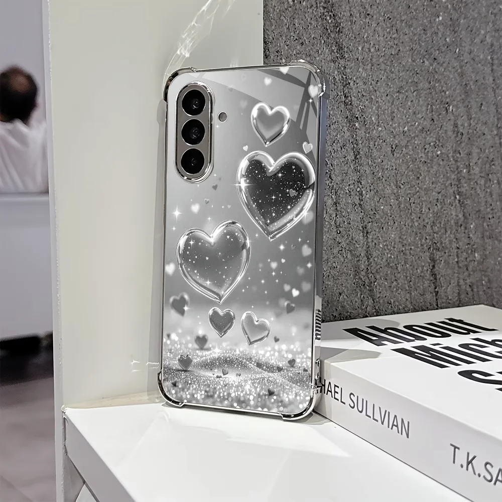 Elegant Silver Electroplated Frame Heart Glass Phone Case for Samsung Galaxy S26 S25 S24 S23 S22 S21 Ultra FE Plus Anti-Drop