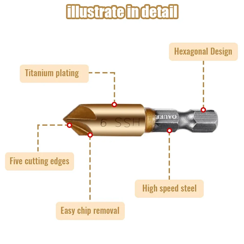 Oauee 2/3/5PCS Counter Sink Drill Bit Set 1/4\'\' Hex Shank HSS 5 Flute Countersink 90 Degree Wood Chamfered Cutter Chamfer 6/19mm