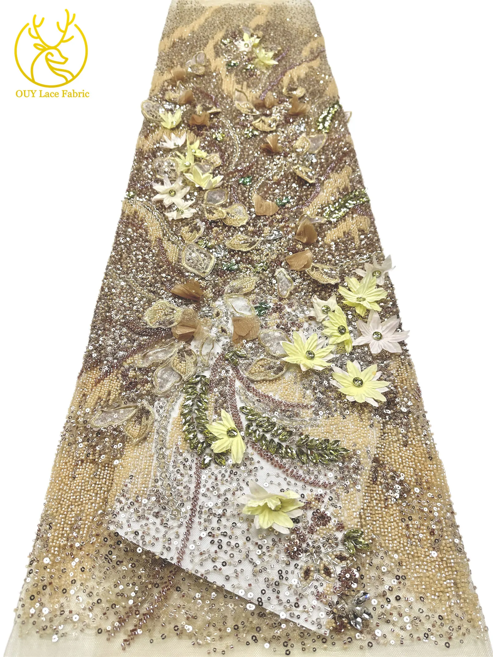 Hochwertiger luxuriöser französischer Edelstein-Perlenstickerei-3D-Blumen-Afrikanischer-Pailletten-Spitzenstoff für DIY handgefertigtes Hochzeitskleid. – Detail 14