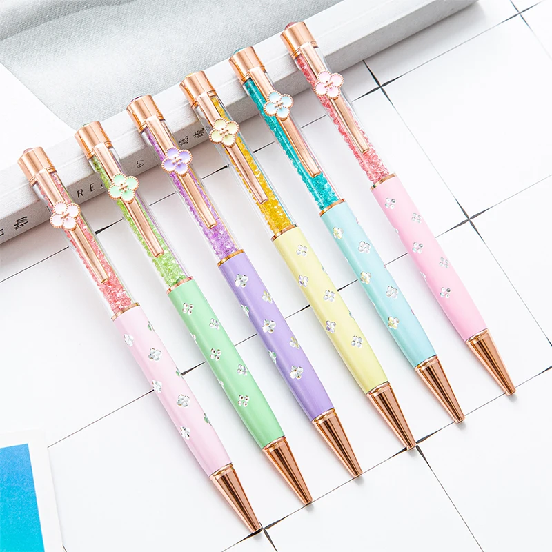 Multicolor Four-leaf Clover Crystal Pen Creative Printing Metal Ballpoint Pen Office Accessories School Supplies Cute Stationery