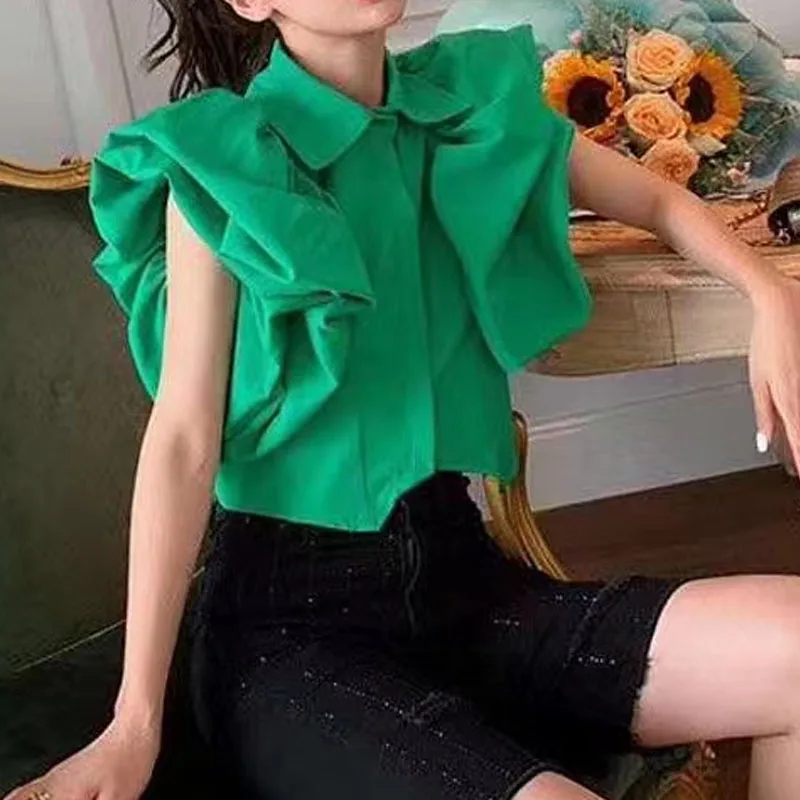 Summer Camisas Tops Mujer 2024 Shirts for Women Lantern Short Sleeve Blouse Black White Roupas Blusas Pleated Ruffled Doll