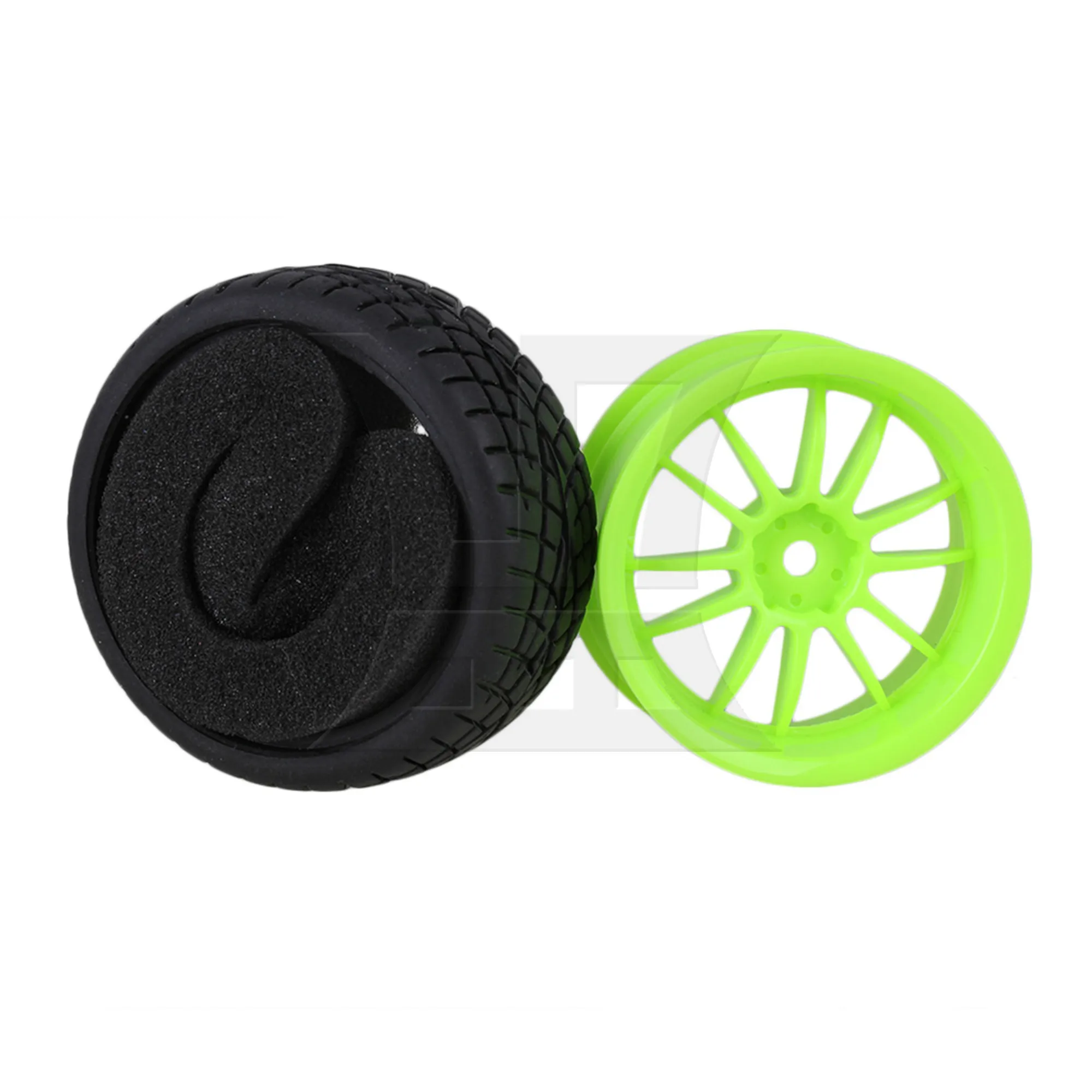 4pcs Fish Pattern Rubber Tire&12 Spoke Green Plastic Wheel Rims for RC1:10 Car