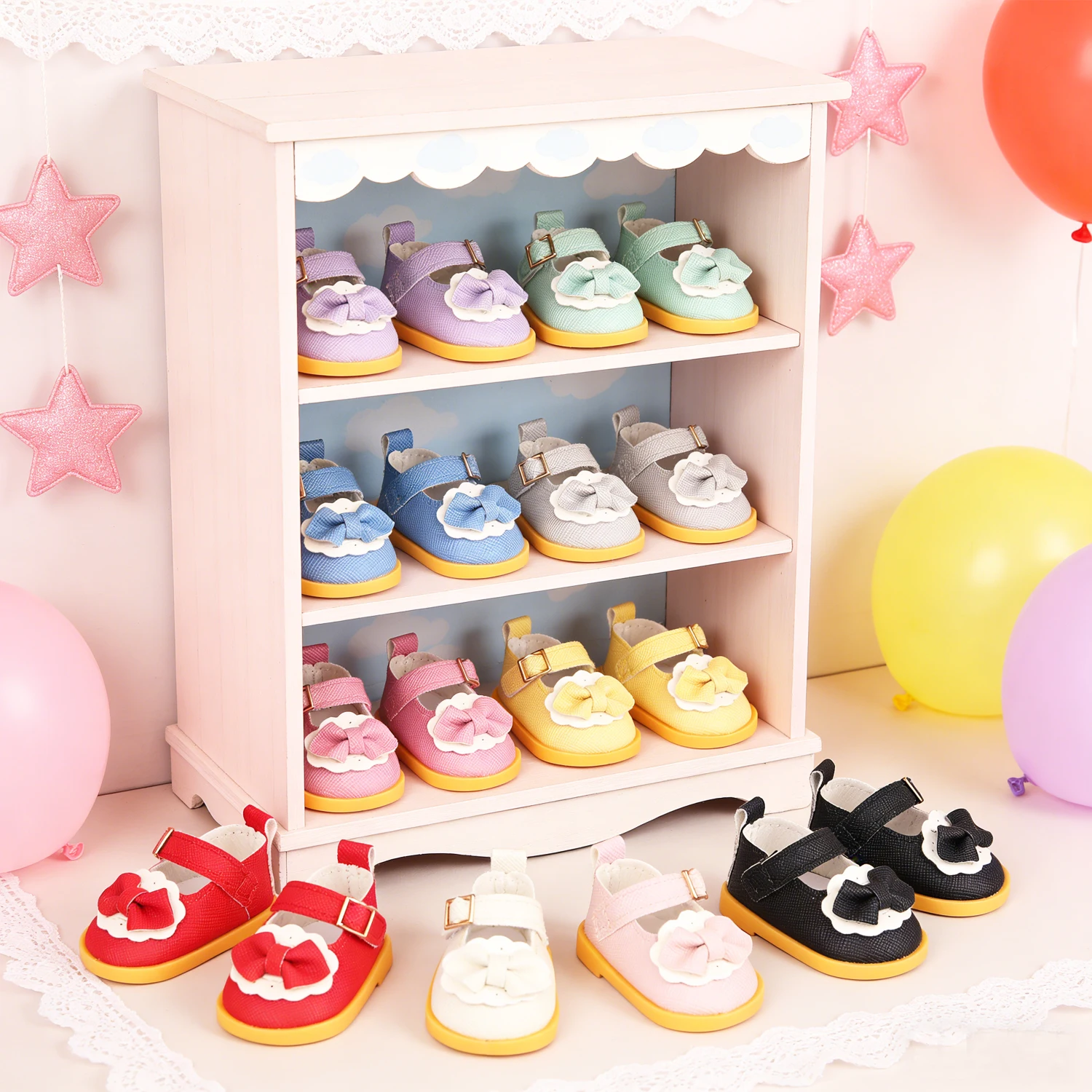 

Универсальные кожаные туфли 5 см с 3D-цветочными украшениями для 14-дюймовых американских кукол, туфли с бантом для кукол-девочек 30-35 см.