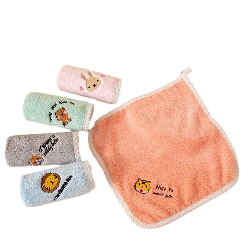 1Pc 25x25cm Cartoon Animal Embroidery Coral Fleece Super Soft Absorbent Baby Child Face Hand Towel With Loop