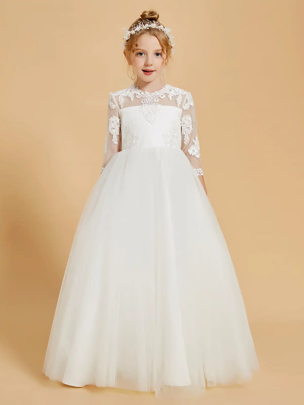 3/4 Sleeve Lace Scoop Neck Floor-Length Flower Girl Dress Illusion Neck Wedding Children Birthday Floor Length Party Gowns