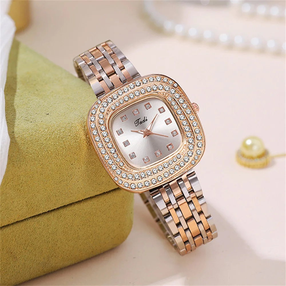 Ladies Luxury Simple Square Full Star Quartz Watch Stylish Stainless Steel with Gold Women\'s Business Dress Clock Watches