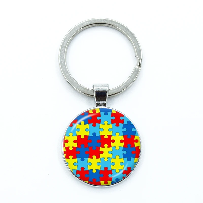 Autism Awareness Keychain Glass Cabochon KeyRing Bag Car Key Chain Ring Holder Charms Jewelry Gifts