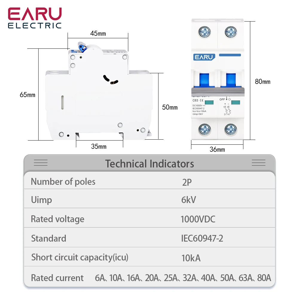 2P DC Solar Circuit Breaker MCB 6A 10A 16A 20A 25A 32A 40A 50A 63A 80A. 500V 1000V Photovoltaic PV Battery Switch Isolator