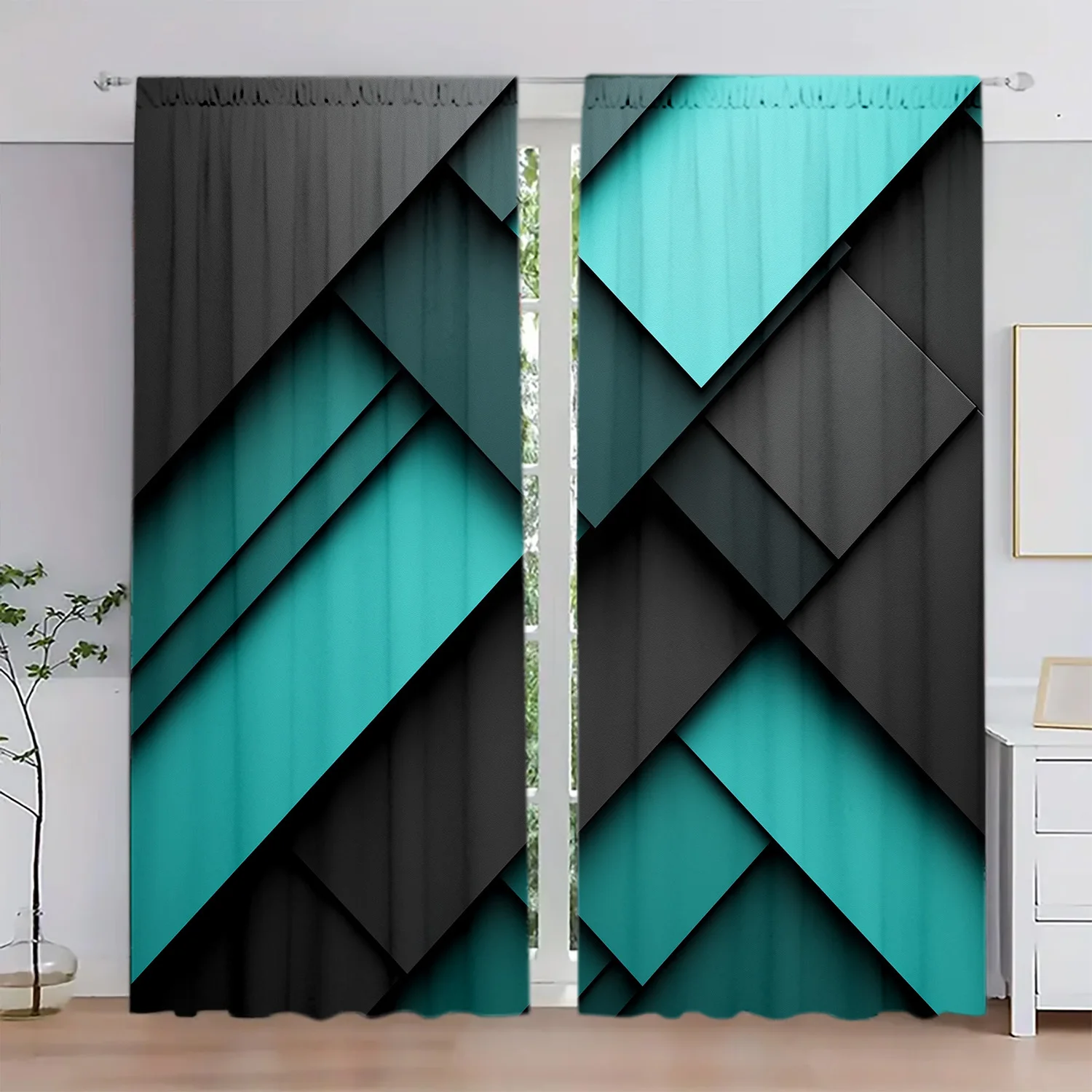 

2 шт. классические сине-зеленые шторы с геометрическим узором, полупрозрачные оконные шторы из полиэстера с карманами для спальни, офиса, гостиной