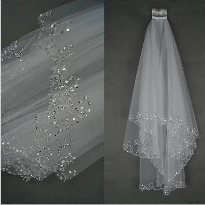 

LZPOVE White Ivory Woman Bridal Veils Wedding Veils 2 Layers 75 CM Handmade Sequins Beaded Edge With Comb Accessories 2022