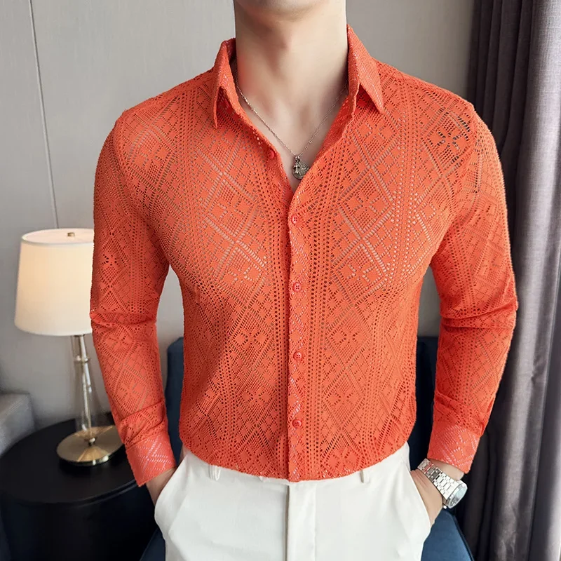 New Sexy Lace Shirt for Men High Quality Long Sleeved Casual Shirt Hollow Out Social Banquet Nightclub Shirt Streetwear Blouse