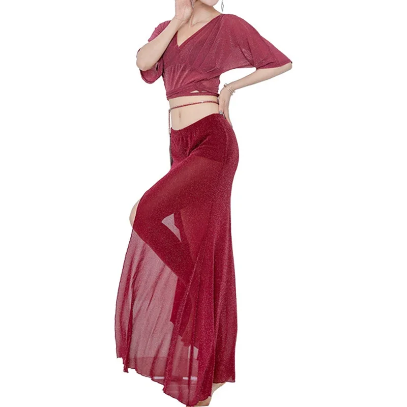 Women Belly Dance  Chiffon Tops with Long Skirt Costume Set Adult Arabic Halloween Party Dance Practice Outfit Clothing.