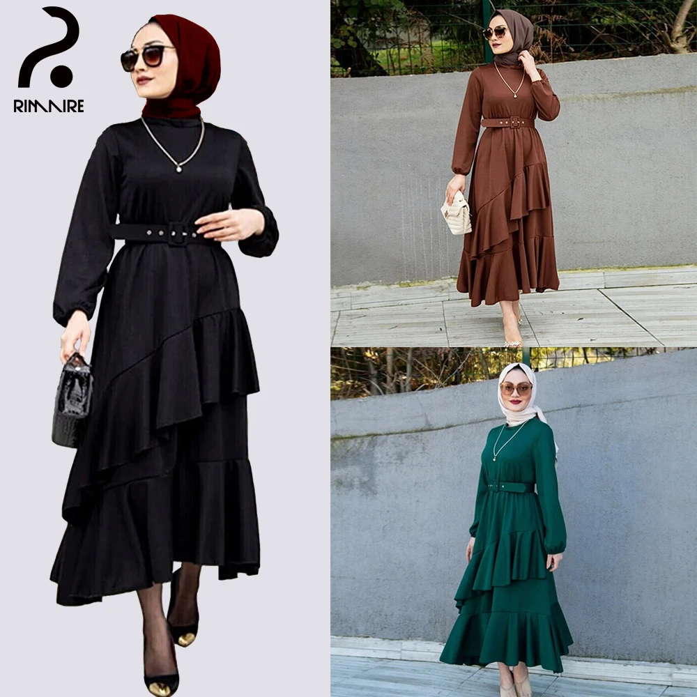 2024 Long Sleeves Women's Abayas High Quality Slim Fit Dresses with Belt Islamic Ladies Casual Clothing Gifts Wholesale RIMAIRE