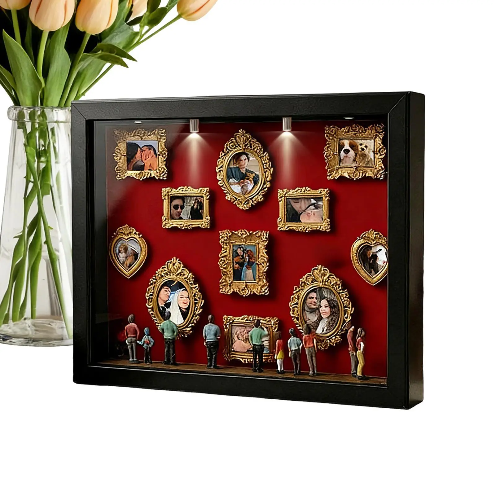 DIY Mini Museum Silhouette Box Spotlight Shadow Box Photo Frame with 11 Gold Mini Photo Frames and 8 Cute Dolls