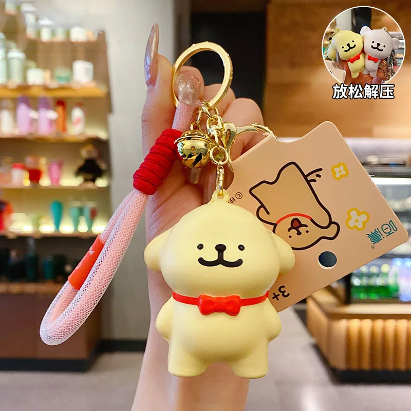 Cartoon Lines Puppy Pinch Happy Decompression Toy Keychain Cute Cure Red Bow Tie Dog Toy Doll Key Chain Gift Girl Bag Pendant