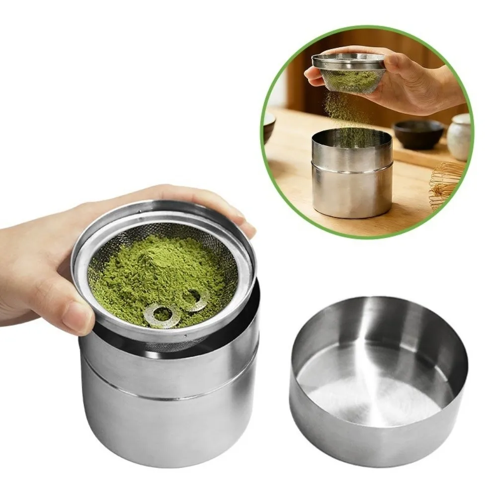 304 Stainless Steel Matcha Powder Can with Powder Sieve Cylindrical Tea Sealed Jar Leakproof Mesh Sifter Tea Canisters