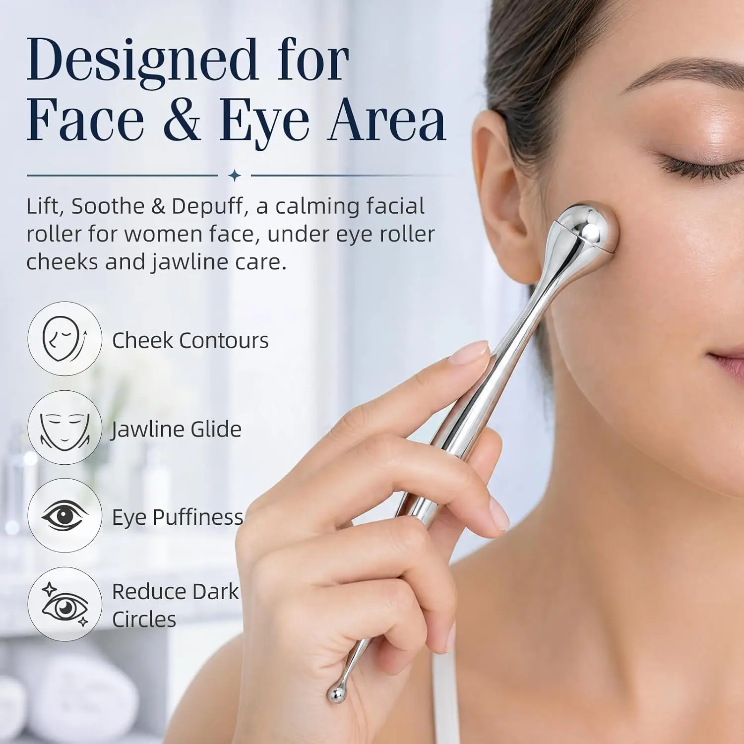Metal Face Roller Massager Eye Roller for Puffy Eyes Ice Roller with Acupressure Pen Manual Massage Tool for Lymphatic Drainage - view 5
