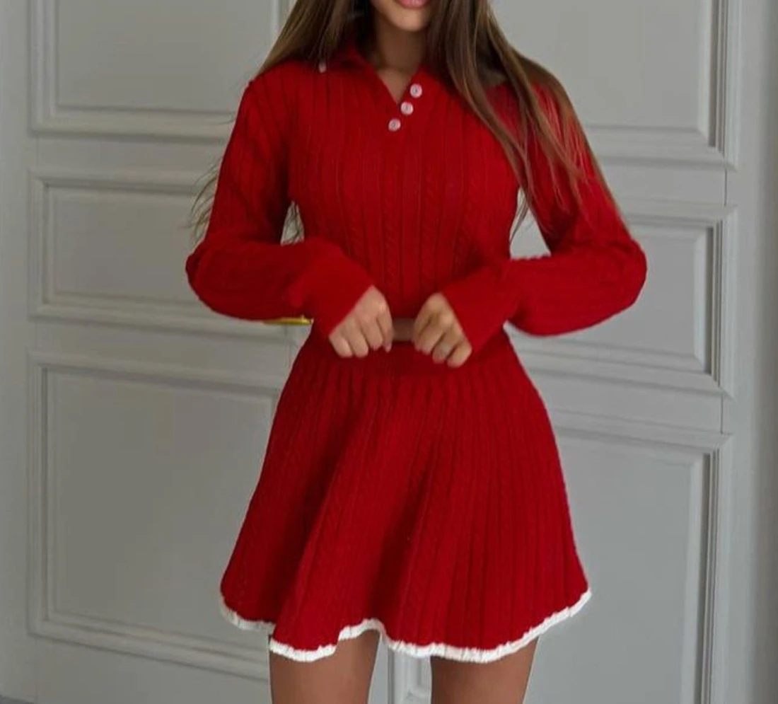 Woolen Set 2025 Spring and Autumn Women's Long Sleeve Button Collar Knitted Shirt Top Short Umbrella Skirt