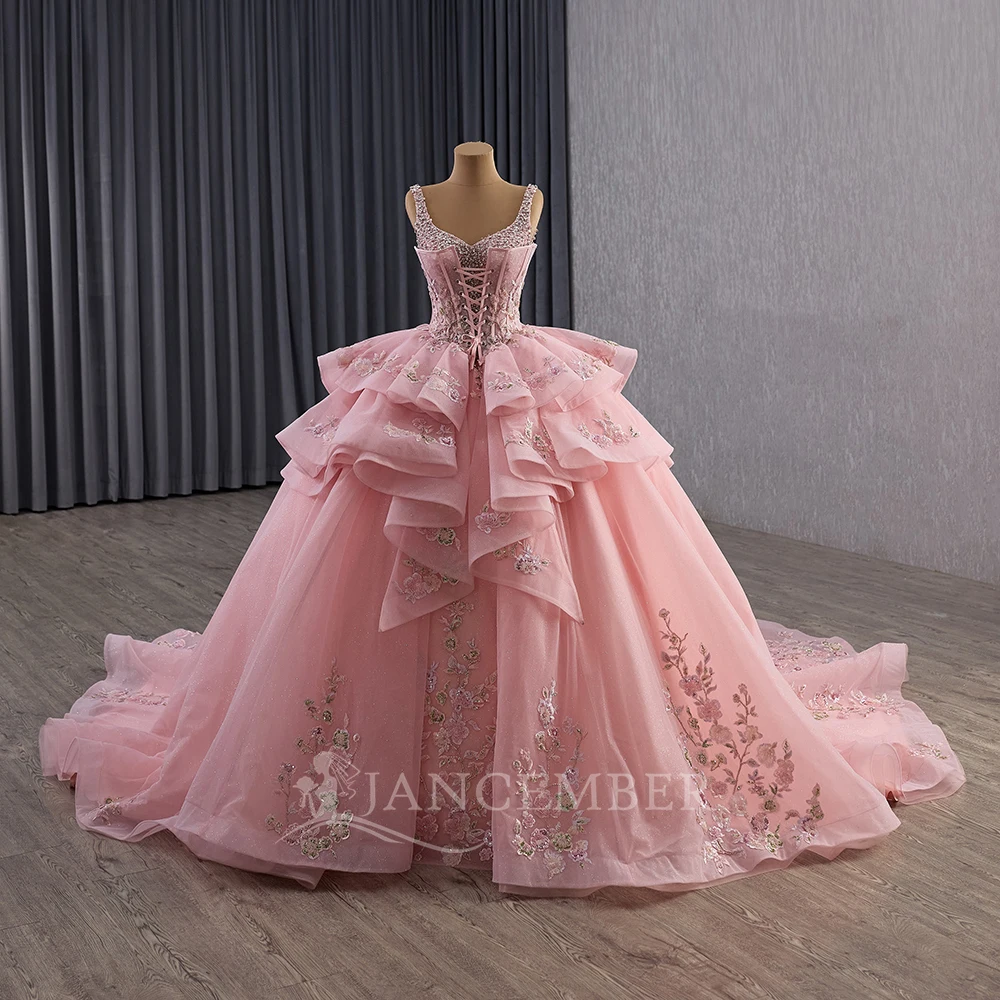 

Customized Royal Pink Ball Gown Shiny Quinceanera Dresses Sleeveless Beading Crystal Ruffles Organza Sweet 16 Dress Vestidos 15