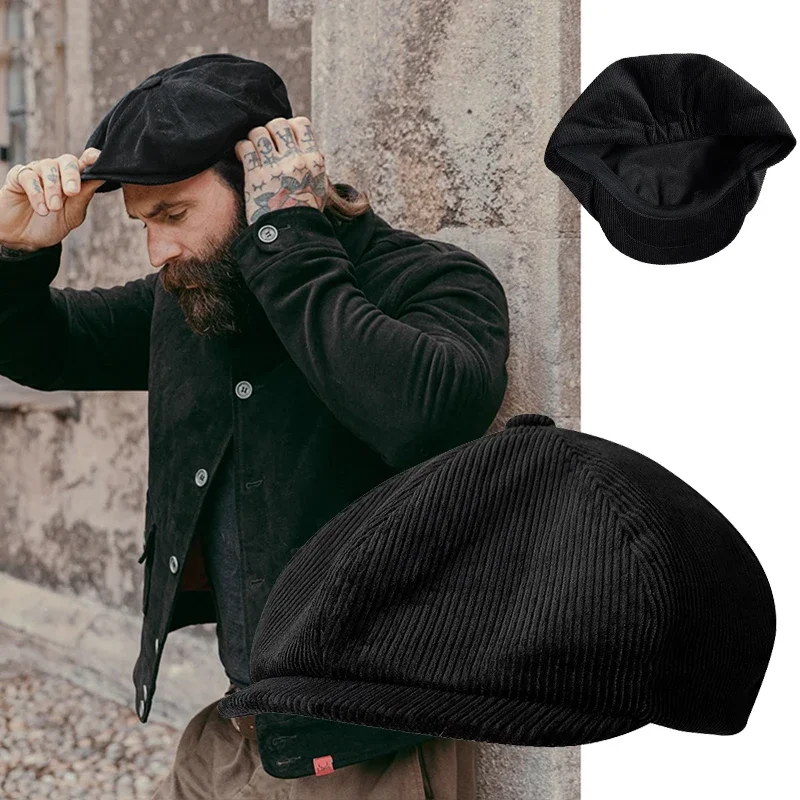 

Corduroy Newsboy Caps Black Men Women Wool Blend 8 Pane Hat Driving Hats Vintage Gatsby Cap for Male NC48