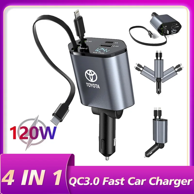 120W Retractable Car Charger For iPhone Android Super Fast Charge Adapter QC3.0 PD USB Type C For Toyota Camry Corolla C-hr Rav4