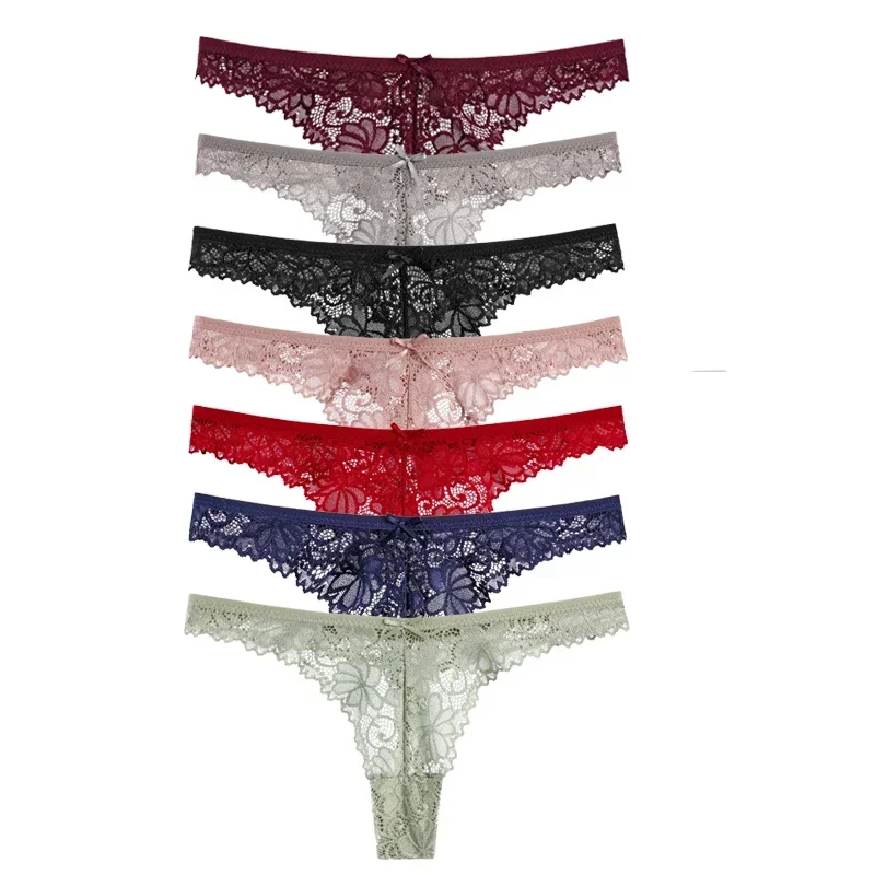 Culotte tanga sexy en dentelle florale pour femme, sous-vêtement en T, respirant, taille basse, couleur unie, 7 pièces/paquet