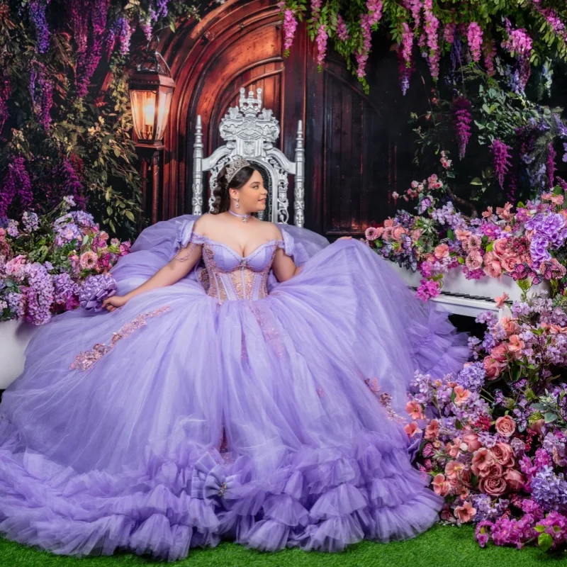 

Lavender Quinceanera Dresses Off the Shoulder Crystal Sequin Decal Lace Layering Long tail Vestido De 15 Quinceanera Customize