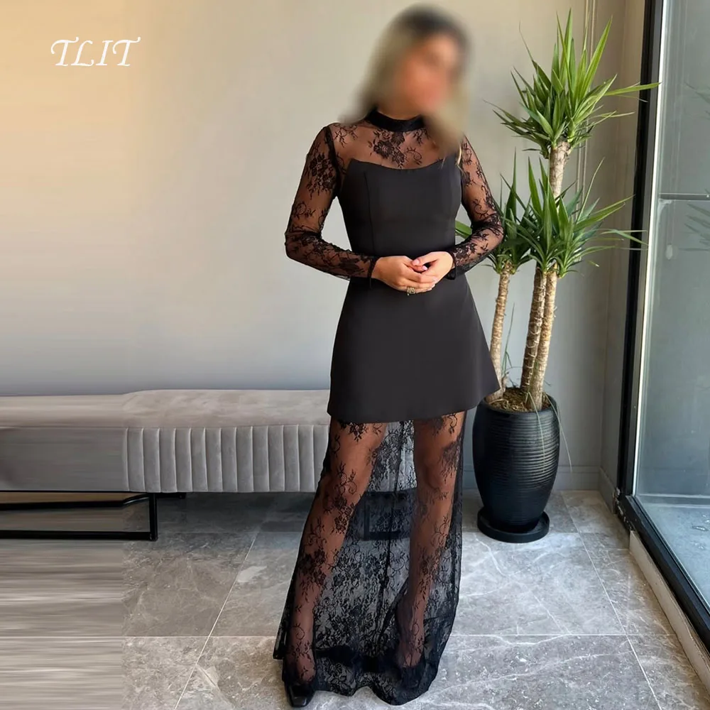 

TLIT Elegant Black Lace Satin Evening Dresses Regular Long Lace Sleeves Lace Hem O-Neck Prom Gowns Customized فساتين