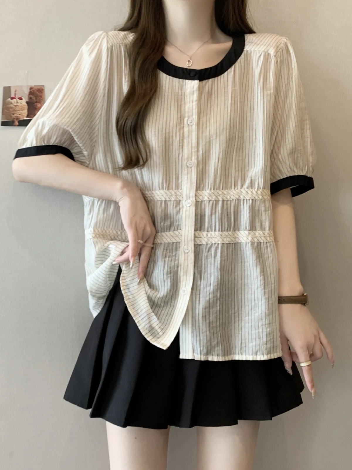 

Slimming Striped Base Layer Shirt Women's Summer Loose Cover up Top Doll Shirt Short Sleeve round Neck Button Detail Korean S...