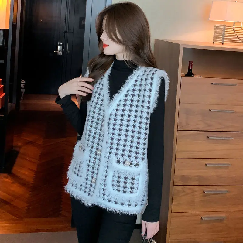 

2025 женский новый корейский жилет с узором «гусиные лапки», осень-зима, элегантный вязаный жилет без рукавов с v-образным вырезом и бахромой, привлекательный хит продаж