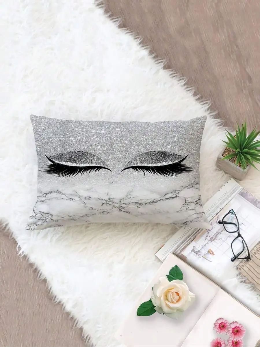 1pc Eyelash Print Grey Decorative Pillow Cover, Removable Zipper, Machine Washable Polyester, Suitable For Indoor & Outdoor