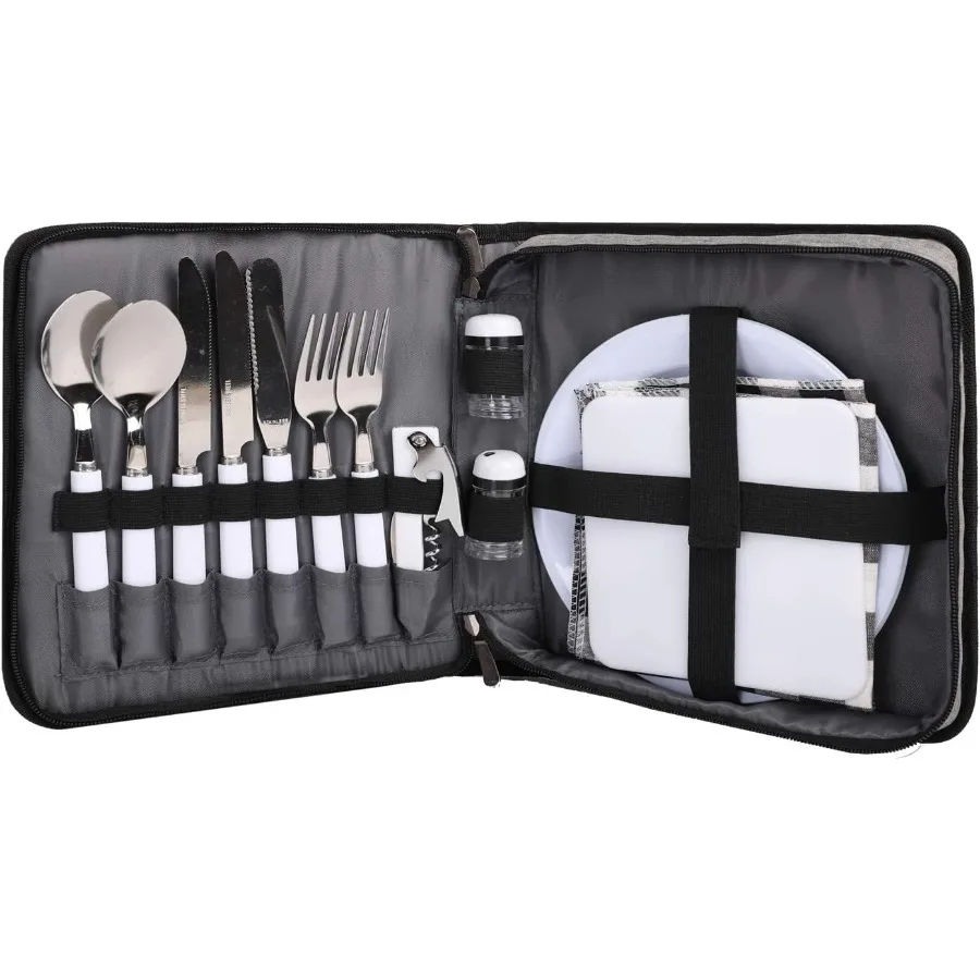 مجموعة نزهة التخييم أدوات المائدة المنظم أواني الطعام مجموعة فوضى عدة مجموعة تناول الطعام المحمولة مع لوحات ملاعق السكاكين فتاحة النبيذ الشوك pki