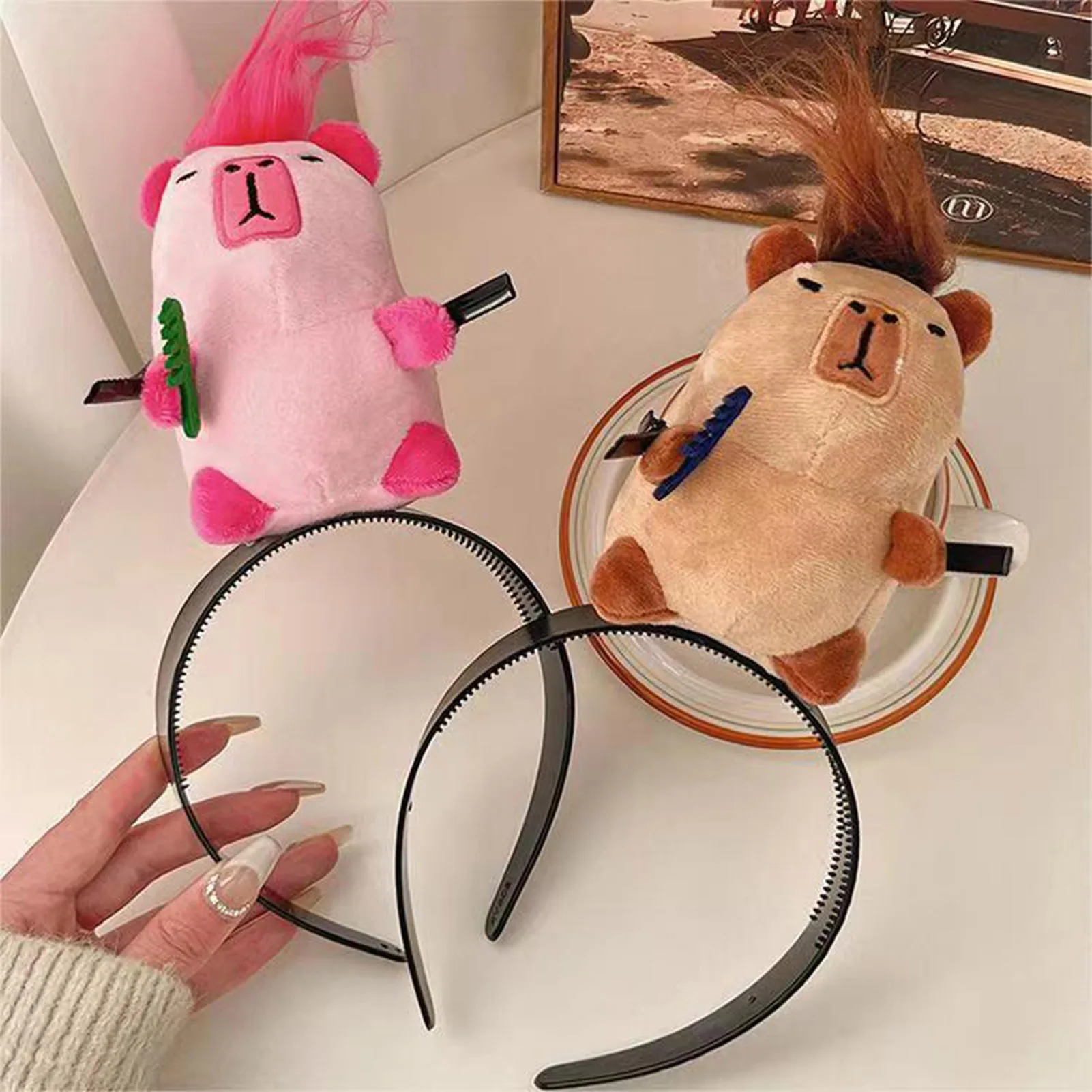 Cartoon Capybara Headband Creative Long Haired Plush Doll Headband Funny Washing Cutting Blowing Hair Hoop Hair Accessories view 2