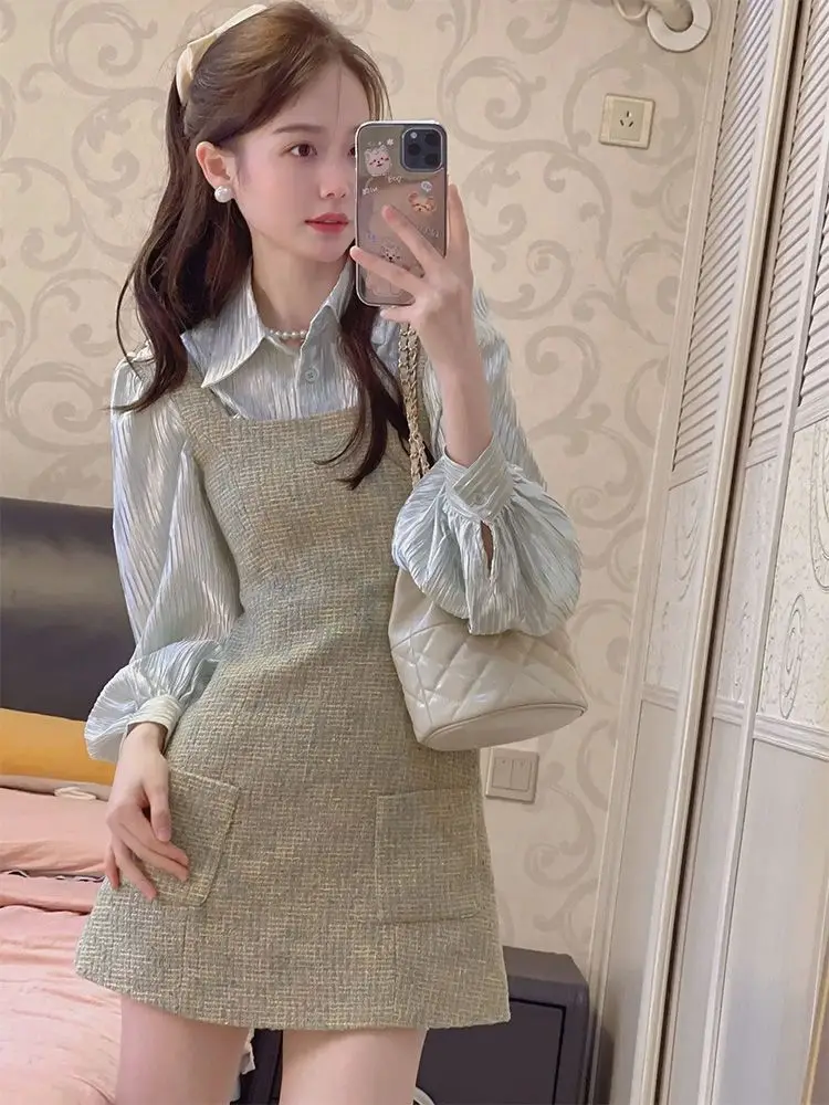 Wearing Set French Style Stunning Shirt Top Suspender Dress Two-piece Set Small Stature High-end Feeling