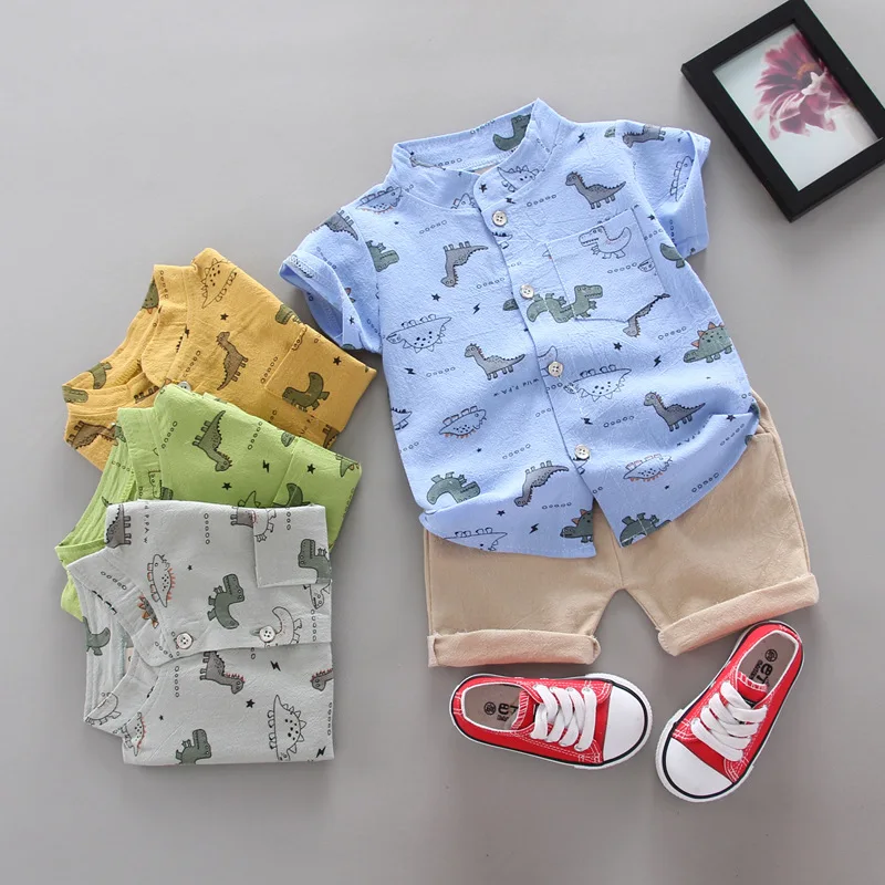 

Infant and toddler summer full print small dinosaur pattern short sleeved shorts set, outdoor standing collar shirt, fashionable