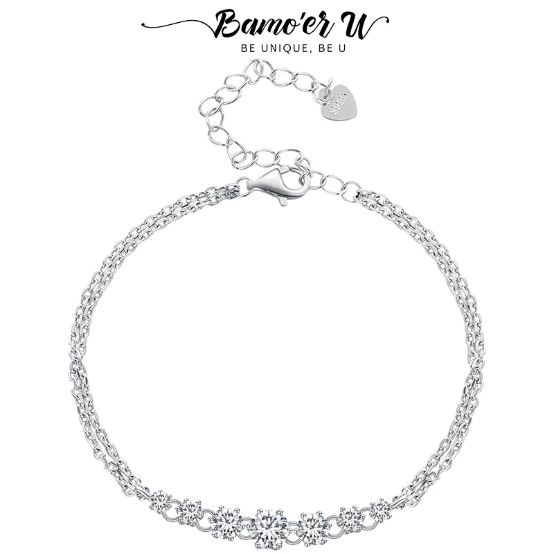 Bamoer U Moissanite Bracelet 7 Loose Stones Double Layers Chain Hoop Link Sparkling GRA Diamond for Women Original Jewelry Gift