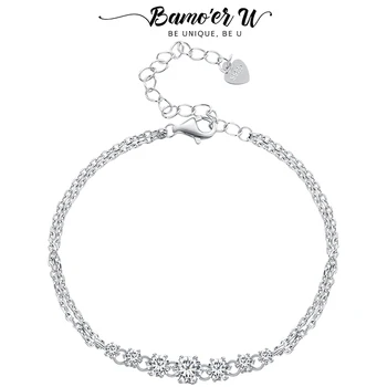 Bamoer U moissanite bracelet 7 loose stones double layers chain hoop link sparkling GRA diamond bracelet for women original jewelry gift