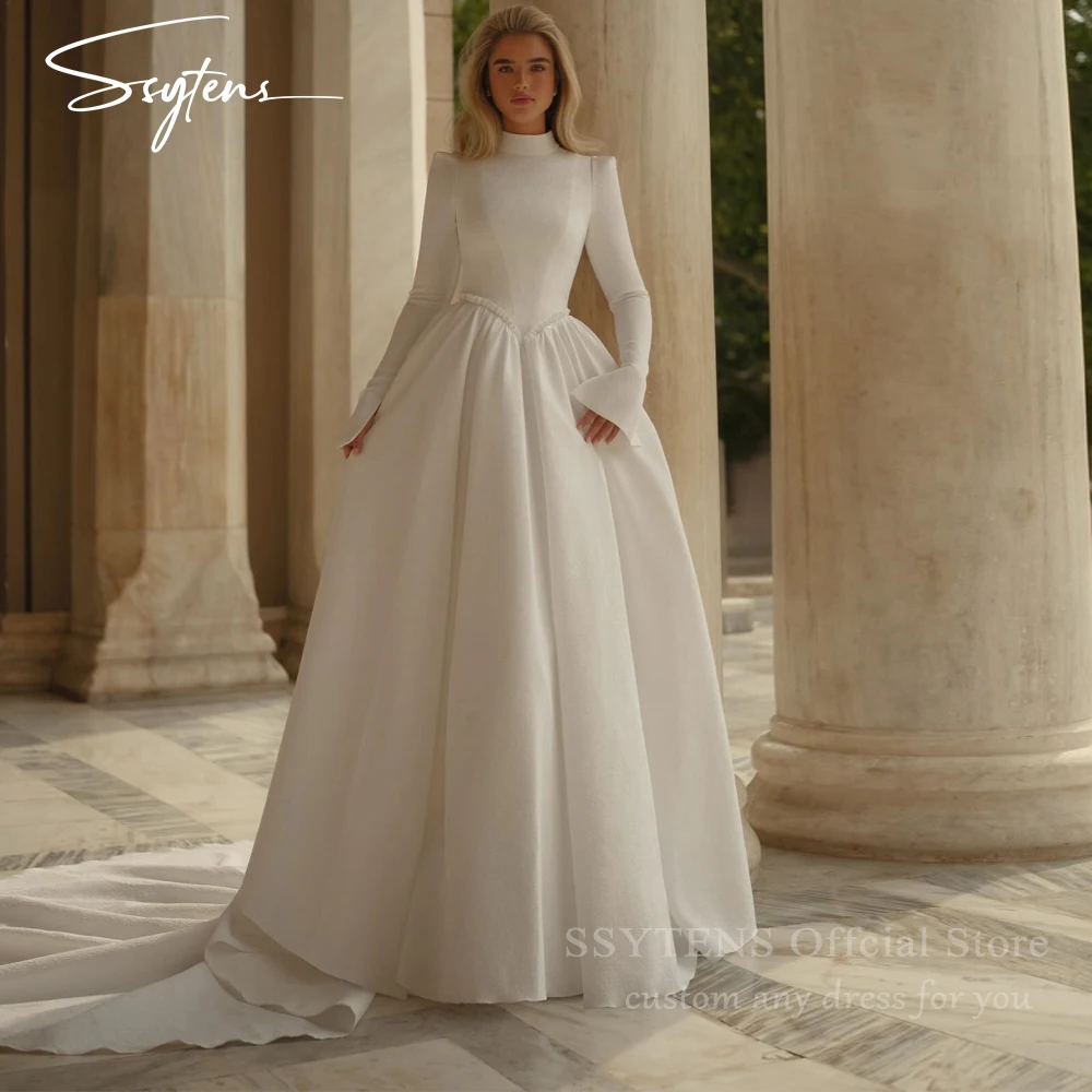 

SSYTENS Elegant High Halter Wedding Dresses Crepe Long Sleeves Bridal Gown Women Customized Pleat Bride Dress Vestido de noiva