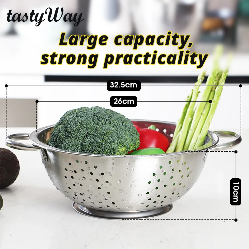 

Large stainless steel colander with handle, kitchen food pasta strainer basket, with self-draining solid ring base