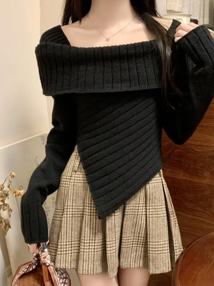 Women Black Gothic Knitted Torn Pullover Sweater Harajuku Korean 90s Y2k Long Sleeves Jumper Sweaters Emo Vintage 2000s Clothes