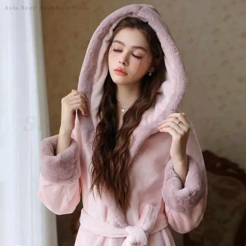 

Осень-зима, плотный теплый халат, одежда для сна, женское элегантное фланелевое длинное кимоно, халат, одежда для дома, коралловый флис, ночная рубашка с капюшоном