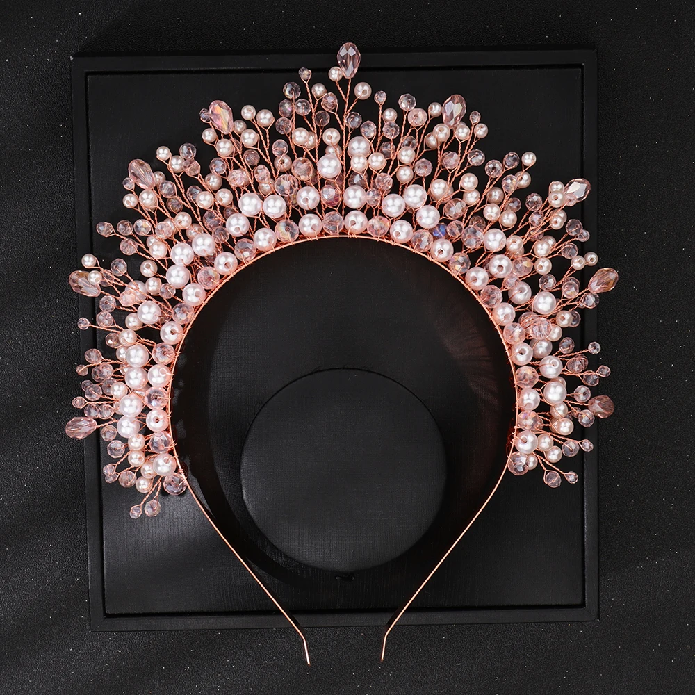 Crystal Pearl Bridal Headband Crown Women Ornaments Handmade Pink Wedding Hair Accessories Jewelry Party Bride Headpiece Tiaras