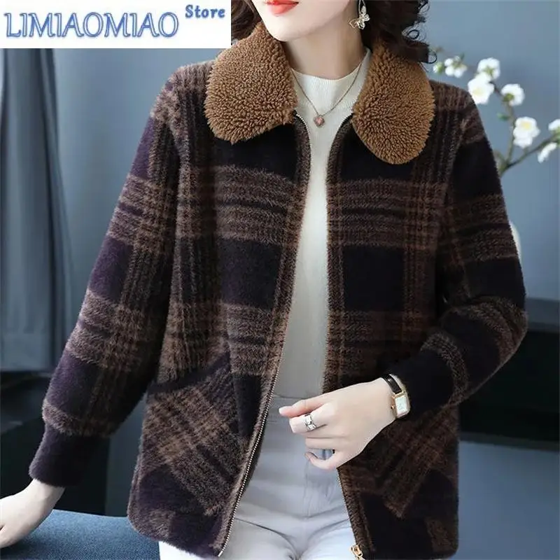 

New Autumn Winter Short Thick Mother Coat Plaid Fur Collar Jacket Imitation Mink Fleece Middle Old Age Women's Flip Collar Coat