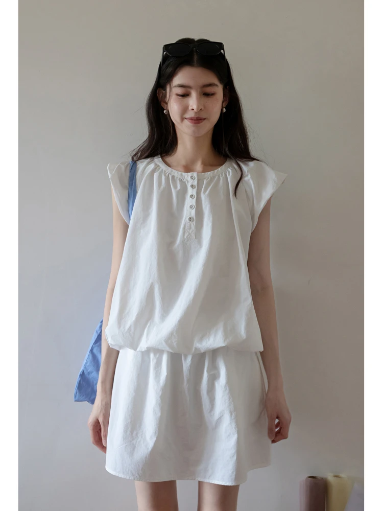 

EGGKA Spring Summer Casual Loose Women's Faion Set with Flower Bud Top And Elastic Waist Skirt ort Sve round Ne