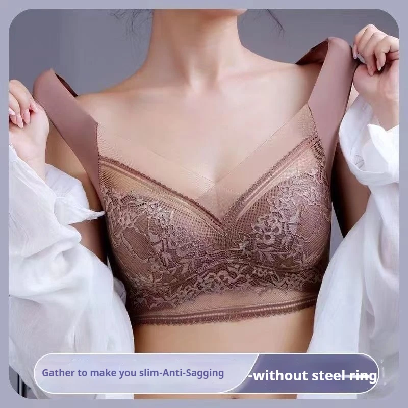 3Pcs Lace Traceless Ice Silk Bra No Steel Ring Fixation Integrated Gathering And Preventing Sagging Bra