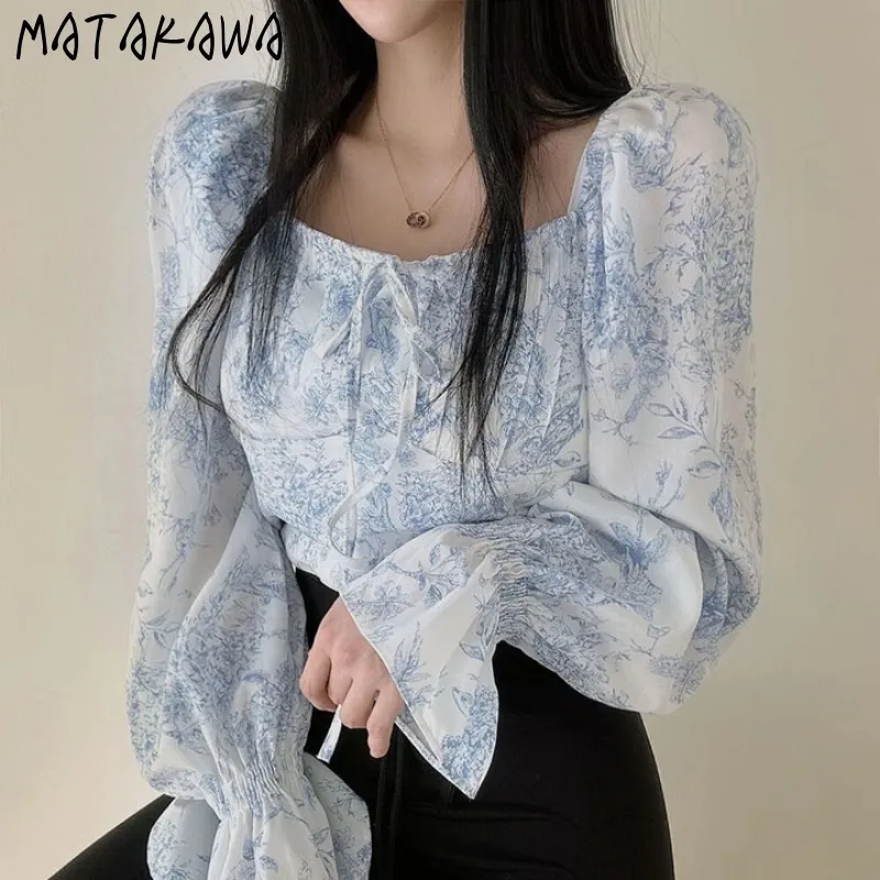 

Matakawa Print Women Shirts&blouses Lace Up Korean Fahion Chic Spring Autumn Blusas Mujer Sweet Retro Elegant Short Camisas